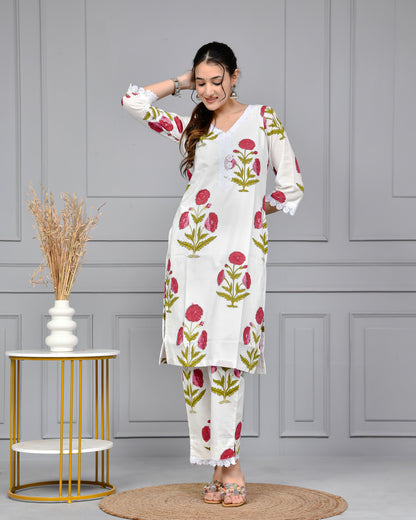 Noor White & Pink Block Print Floral Cotton Co-ord Set