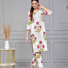 Noor White & Pink Block Print Floral Cotton Co-ord Set