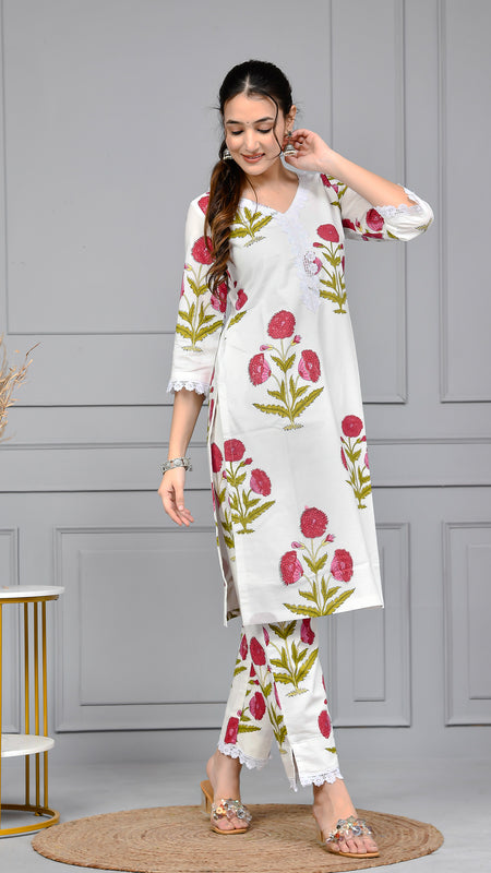 Noor White & Pink Block Print Floral Cotton Co-ord Set