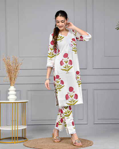 Noor White & Pink Block Print Floral Cotton Co-ord Set