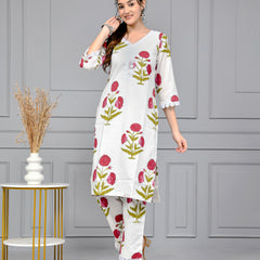Noor White & Pink Block Print Floral Cotton Co-ord Set