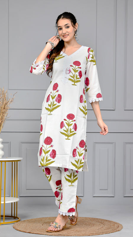 Noor White & Pink Block Print Floral Cotton Co-ord Set