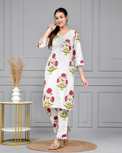 Noor White & Pink Block Print Floral Cotton Co-ord Set
