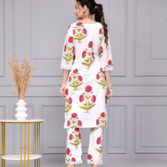 Noor White & Pink Block Print Floral Cotton Co-ord Set