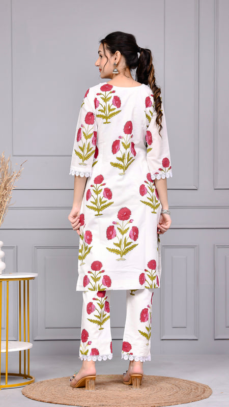Noor White & Pink Block Print Floral Cotton Co-ord Set
