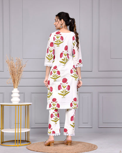 Noor White & Pink Block Print Floral Cotton Co-ord Set