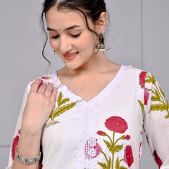 Noor White & Pink Block Print Floral Cotton Co-ord Set