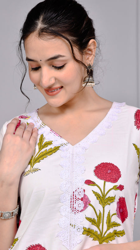 Noor White & Pink Block Print Floral Cotton Co-ord Set