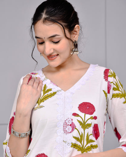 Noor White & Pink Block Print Floral Cotton Co-ord Set