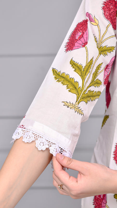 Noor White & Pink Block Print Floral Cotton Co-ord Set