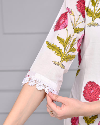 Noor White & Pink Block Print Floral Cotton Co-ord Set