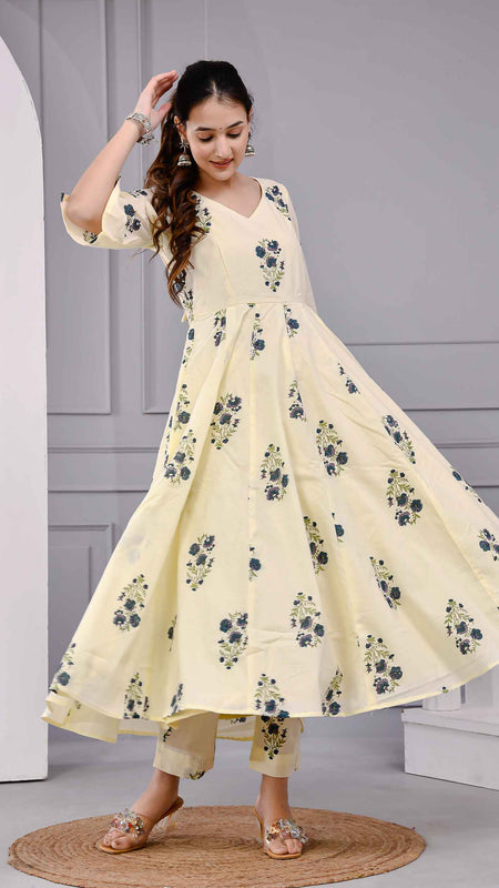 Saanvi Yellow Floral Printed Cotton Dress Set