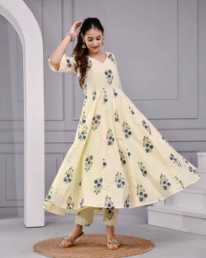 Saanvi Yellow Floral Printed Cotton Dress Set