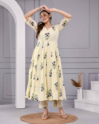 Saanvi Yellow Floral Printed Cotton Dress Set