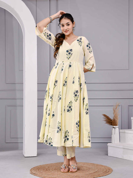 Saanvi Yellow Floral Printed Cotton Dress Set