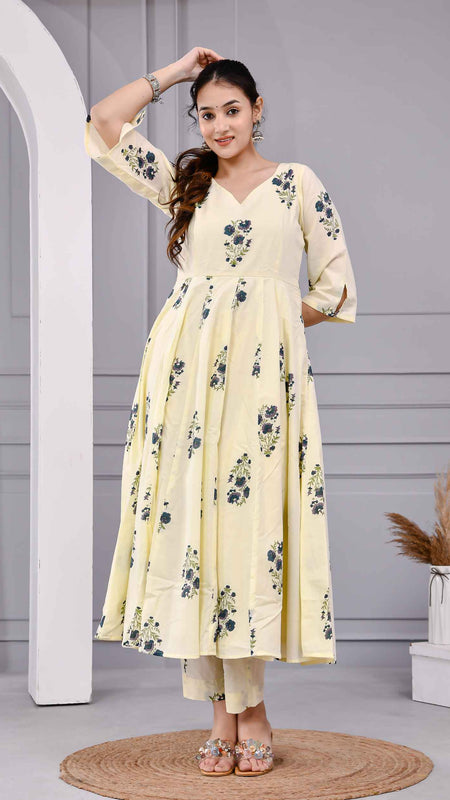 Saanvi Yellow Floral Printed Cotton Dress Set