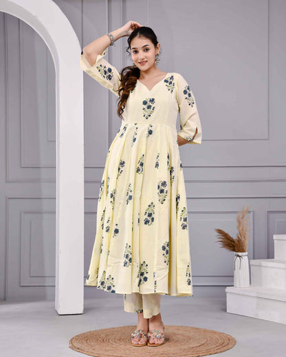 Saanvi Yellow Floral Printed Cotton Dress Set