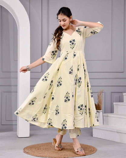 Saanvi Yellow Floral Printed Cotton Dress Set