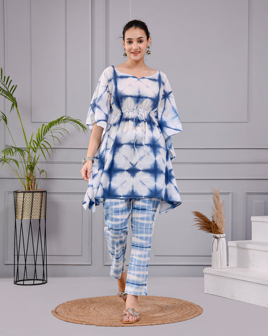 Indigo Shibori Tie-Dye Kaftan Set | Hand Dyed Cotton Co-ord Set | Drawstring Tunic & Pants | Summer Resort Wear for Women (XS–5XL)