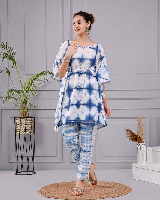 Indigo Shibori Tie-Dye Kaftan Set | Hand Dyed Cotton Co-ord Set | Drawstring Tunic & Pants | Summer Resort Wear for Women (XS–5XL)