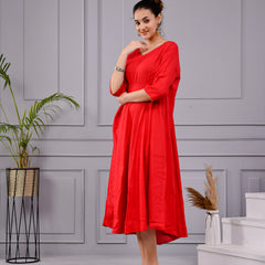 Rakt Tara Solid Scarlet Flared Dress