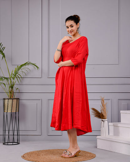 Rakt Tara Solid Scarlet Flared Dress