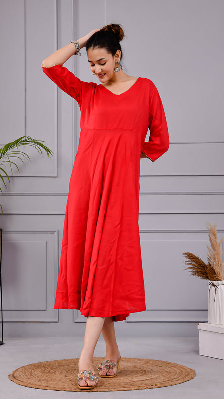 Rakt Tara Solid Scarlet Flared Dress