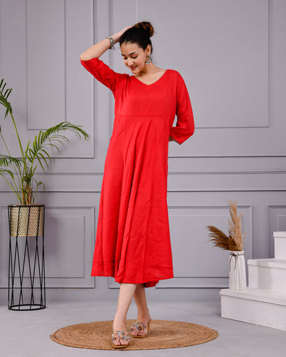Rakt Tara Solid Scarlet Flared Dress