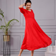 Rakt Tara Solid Scarlet Flared Dress