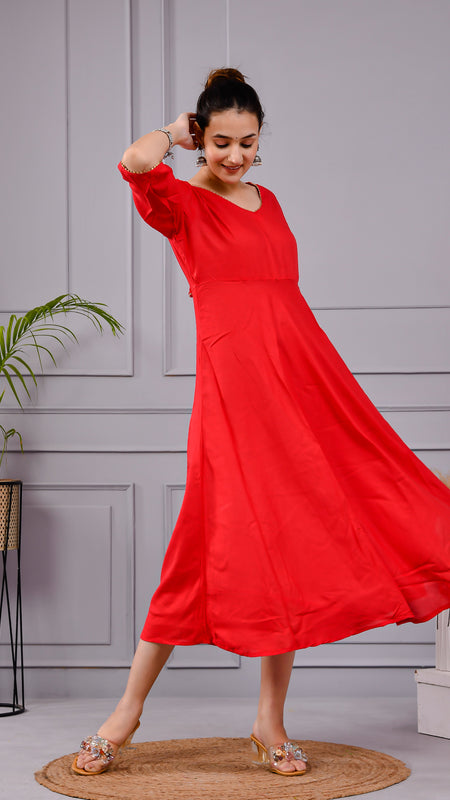 Rakt Tara Solid Scarlet Flared Dress