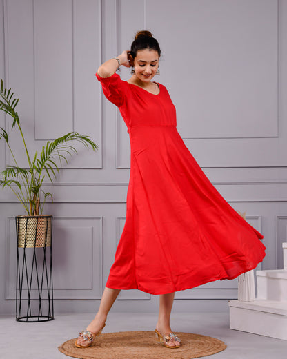 Rakt Tara Solid Scarlet Flared Dress