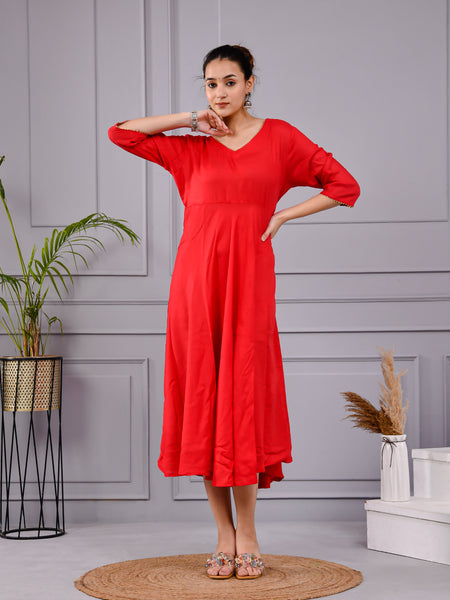 Rakt Tara Solid Scarlet Flared Dress