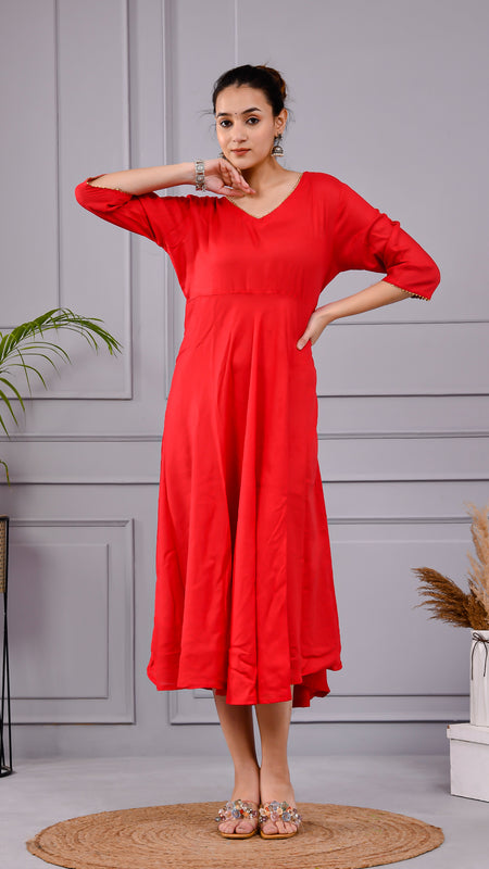 Rakt Tara Solid Scarlet Flared Dress