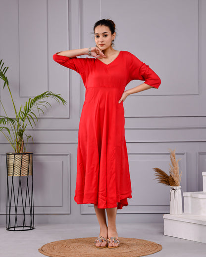 Rakt Tara Solid Scarlet Flared Dress