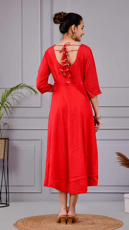 Rakt Tara Solid Scarlet Flared Dress