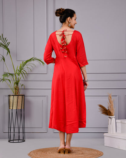 Rakt Tara Solid Scarlet Flared Dress