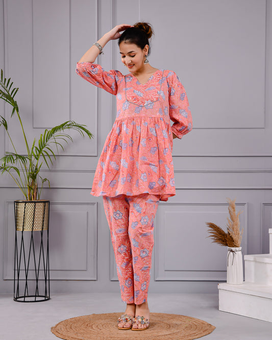 Handblock Printed Short Kurta Pant Set – Peach Floral | Cotton Peplum Top Co-ord | Ethnic Summer Wear for Women (XS–5XL)