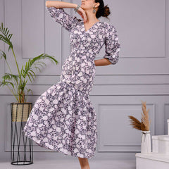 Skyra Puff Sleeve Floral Midi Dress