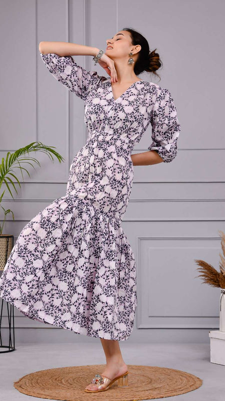Skyra Puff Sleeve Floral Midi Dress