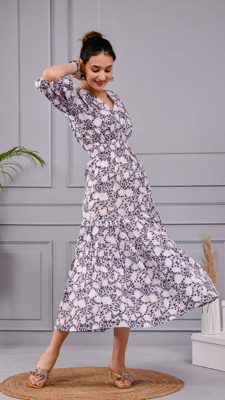 Skyra Puff Sleeve Floral Midi Dress