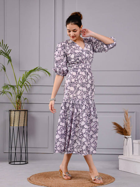 Skyra Puff Sleeve Floral Midi Dress