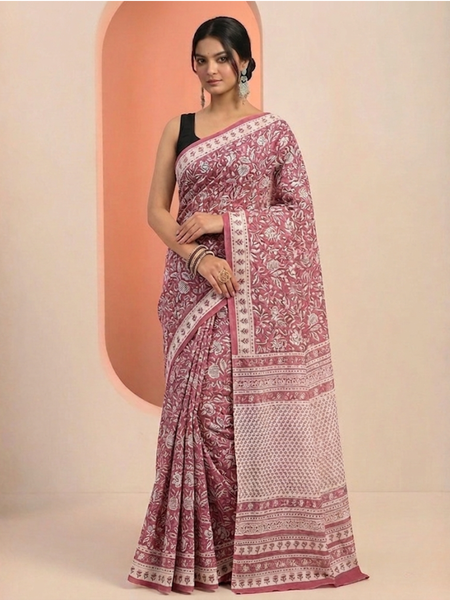 Hand Block Print Kota Doria Cotton Saree: Maroon & White Floral