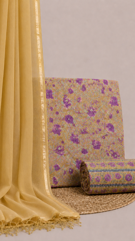 Orche Yellow Printed Cotton Fabric for Suits, Kurtis, Co-Ord Sets, Dresses & Ethnic Wear.