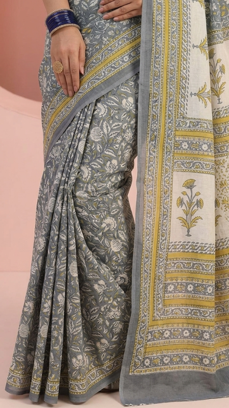 Mandira Grey Floral Cotton Saree