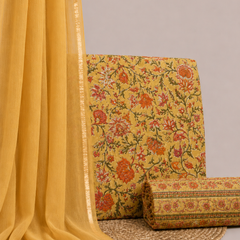 Mustard Printed Cotton Fabric for Suits, Kurtis, Co-Ord Sets, Dresses & Ethnic Wear.
