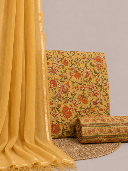 Mustard Printed Cotton Fabric for Suits, Kurtis, Co-Ord Sets, Dresses & Ethnic Wear.
