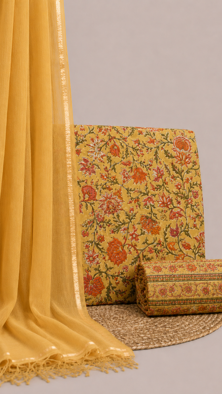 Mustard Printed Cotton Fabric for Suits, Kurtis, Co-Ord Sets, Dresses & Ethnic Wear.