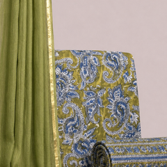 Olive Green Printed Cotton Fabric for Suits, Kurtis, Co-Ord Sets, Dresses & Ethnic Wear.