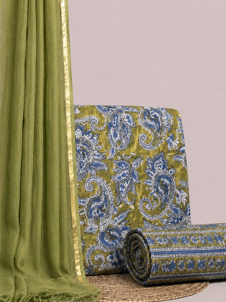 Olive Green Printed Cotton Fabric for Suits, Kurtis, Co-Ord Sets, Dresses & Ethnic Wear.