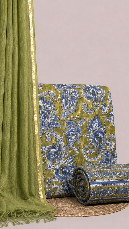 Olive Green Printed Cotton Fabric for Suits, Kurtis, Co-Ord Sets, Dresses & Ethnic Wear.